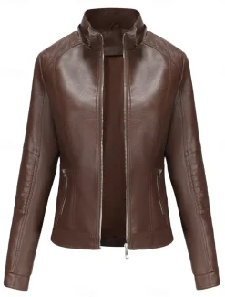 Women's Faux Leather Jacket Casual Jacket Comfortable Breathable Zipper Pocket Casual Plain Vacation Street Casual Daily Wear Zipper Short Hooded Regular Fit Long Sleeve Outerwear Red Camel Coffee