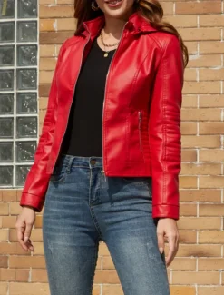 Women's Faux Leather Jacket Casual Jacket Comfortable Breathable Zipper Pocket Casual Plain Vacation Street Casual Daily Wear Zipper Short Hooded Regular Fit Long Sleeve Outerwear Red Camel Coffee