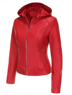 Women's Faux Leather Jacket Casual Jacket Comfortable Breathable Zipper Pocket Casual Plain Vacation Street Casual Daily Wear Zipper Short Hooded Regular Fit Long Sleeve Outerwear Red Camel Coffee