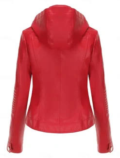 Women's Faux Leather Jacket Casual Jacket Comfortable Breathable Zipper Pocket Casual Plain Vacation Street Casual Daily Wear Zipper Short Hooded Regular Fit Long Sleeve Outerwear Red Camel Coffee