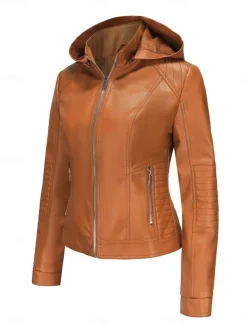 Women's Faux Leather Jacket Casual Jacket Comfortable Breathable Zipper Pocket Casual Plain Vacation Street Casual Daily Wear Zipper Short Hooded Regular Fit Long Sleeve Outerwear Red Camel Coffee
