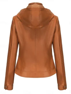 Women's Faux Leather Jacket Casual Jacket Comfortable Breathable Zipper Pocket Casual Plain Vacation Street Casual Daily Wear Zipper Short Hooded Regular Fit Long Sleeve Outerwear Red Camel Coffee
