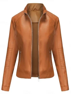 Women's Faux Leather Jacket Casual Jacket Comfortable Breathable Zipper Pocket Casual Plain Vacation Street Casual Daily Wear Zipper Short Hooded Regular Fit Long Sleeve Outerwear Red Camel Coffee