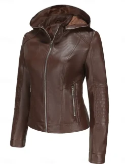Women's Faux Leather Jacket Casual Jacket Comfortable Breathable Zipper Pocket Casual Plain Vacation Street Casual Daily Wear Zipper Short Hooded Regular Fit Long Sleeve Outerwear Red Camel Coffee