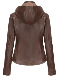 Women's Faux Leather Jacket Casual Jacket Comfortable Breathable Zipper Pocket Casual Plain Vacation Street Casual Daily Wear Zipper Short Hooded Regular Fit Long Sleeve Outerwear Red Camel Coffee