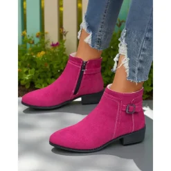 Women's Faux Suede Ankle Boots with Side Zipper and Buckle – Comfortable Casual Booties for Fall Outings, Garden Walks & Weekend Getaways