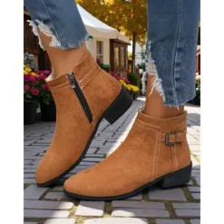 Women's Faux Suede Ankle Boots with Side Zipper and Buckle – Comfortable Casual Booties for Fall Outings, Garden Walks & Weekend Getaways