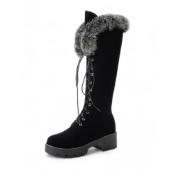 Women's Faux Suede Knee-High Lace-Up Boots with Faux Fur Cuffs – Stylish Winter Footwear with Chunky Sole