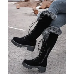 Women's Faux Suede Knee-High Lace-Up Boots with Faux Fur Cuffs – Stylish Winter Footwear with Chunky Sole