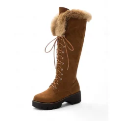 Women's Faux Suede Knee-High Lace-Up Boots with Faux Fur Cuffs – Stylish Winter Footwear with Chunky Sole