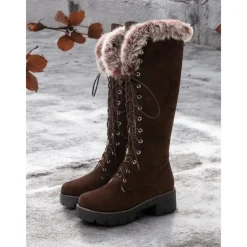 Women's Faux Suede Knee-High Lace-Up Boots with Faux Fur Cuffs – Stylish Winter Footwear with Chunky Sole
