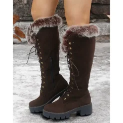 Women's Faux Suede Knee-High Lace-Up Boots with Faux Fur Cuffs – Stylish Winter Footwear with Chunky Sole