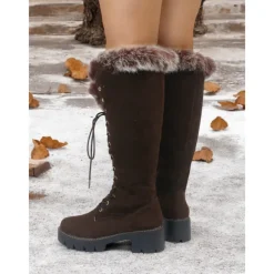 Women's Faux Suede Knee-High Lace-Up Boots with Faux Fur Cuffs – Stylish Winter Footwear with Chunky Sole