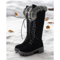 Women's Faux Suede Knee-High Lace-Up Boots with Faux Fur Cuffs – Stylish Winter Footwear with Chunky Sole