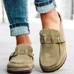 Women's Faux Suede Slip-On Loafers – Casual Comfort Flats with Buckle Detail and Cushioned Cork Sole for Everyday Wear