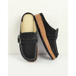 Women's Faux Suede Slip-On Loafers – Casual Comfort Flats with Buckle Detail and Cushioned Cork Sole for Everyday Wear
