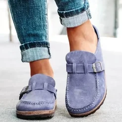 Women's Faux Suede Slip-On Loafers – Casual Comfort Flats with Buckle Detail and Cushioned Cork Sole for Everyday Wear