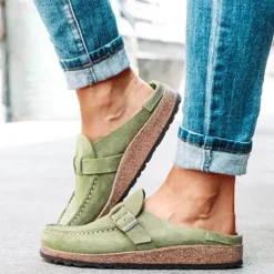 Women's Faux Suede Slip-On Loafers – Casual Comfort Flats with Buckle Detail and Cushioned Cork Sole for Everyday Wear