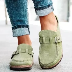 Women's Faux Suede Slip-On Loafers – Casual Comfort Flats with Buckle Detail and Cushioned Cork Sole for Everyday Wear