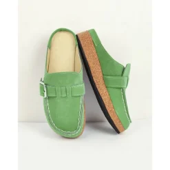 Women's Faux Suede Slip-On Loafers – Casual Comfort Flats with Buckle Detail and Cushioned Cork Sole for Everyday Wear