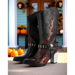 Women's Flame Embroidered Western Cowboy Boots - Chunky Heel Black and Brown Gothic Mid-Calf Boots for Halloween, Music Festivals, and Rodeo Outfits