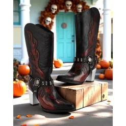 Women's Flame Embroidered Western Cowboy Boots - Chunky Heel Black and Brown Gothic Mid-Calf Boots for Halloween, Music Festivals, and Rodeo Outfits