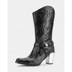 Women's Flame Embroidered Western Cowboy Boots - Chunky Heel Black and Brown Gothic Mid-Calf Boots for Halloween, Music Festivals, and Rodeo Outfits