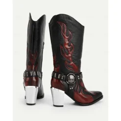 Women's Flame Embroidered Western Cowboy Boots - Chunky Heel Black and Brown Gothic Mid-Calf Boots for Halloween, Music Festivals, and Rodeo Outfits