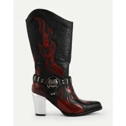 Women's Flame Embroidered Western Cowboy Boots - Chunky Heel Black and Brown Gothic Mid-Calf Boots for Halloween, Music Festivals, and Rodeo Outfits