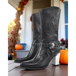 Women's Flame Embroidered Western Cowboy Boots - Chunky Heel Black and Brown Gothic Mid-Calf Boots for Halloween, Music Festivals, and Rodeo Outfits