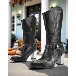 Women's Flame Embroidered Western Cowboy Boots - Chunky Heel Black and Brown Gothic Mid-Calf Boots for Halloween, Music Festivals, and Rodeo Outfits