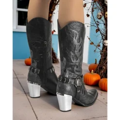Women's Flame Embroidered Western Cowboy Boots - Chunky Heel Black and Brown Gothic Mid-Calf Boots for Halloween, Music Festivals, and Rodeo Outfits