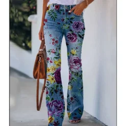 Women's Flared Pants Bell Bottom Pants Trousers Fashion Full Length Mid Waist Skull Flower / Floral Side Pockets Wide Leg Print Comfort Micro-elastic Halloween Weekend Navy-blue Rainbow Sky Blue And