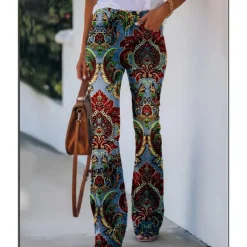 Women's Flared Pants Bell Bottom Pants Trousers Fashion Full Length Mid Waist Skull Flower / Floral Side Pockets Wide Leg Print Comfort Micro-elastic Halloween Weekend Navy-blue Rainbow Sky Blue And