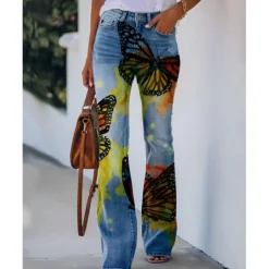 Women's Flared Pants Bell Bottom Pants Trousers Fashion Full Length Mid Waist Skull Flower / Floral Side Pockets Wide Leg Print Comfort Micro-elastic Halloween Weekend Navy-blue Rainbow Sky Blue And