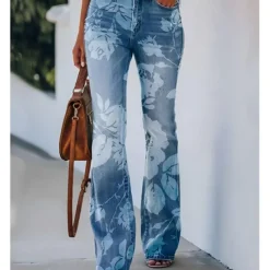 Women's Flared Pants Bell Bottom Pants Trousers Fashion Full Length Mid Waist Skull Flower / Floral Side Pockets Wide Leg Print Comfort Micro-elastic Halloween Weekend Navy-blue Rainbow Sky Blue And