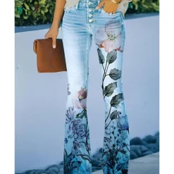 Women's Flared Pants Bell Bottom Pants Trousers Fashion Full Length Mid Waist Skull Flower / Floral Side Pockets Wide Leg Print Comfort Micro-elastic Halloween Weekend Navy-blue Rainbow Sky Blue And