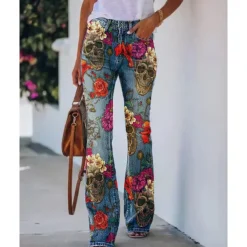 Women's Flared Pants Bell Bottom Pants Trousers Fashion Full Length Mid Waist Skull Flower / Floral Side Pockets Wide Leg Print Comfort Micro-elastic Halloween Weekend Navy-blue Rainbow Sky Blue And
