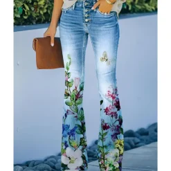 Women's Flared Pants Bell Bottom Pants Trousers Fashion Full Length Mid Waist Skull Flower / Floral Side Pockets Wide Leg Print Comfort Micro-elastic Halloween Weekend Navy-blue Rainbow Sky Blue And