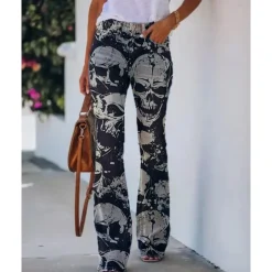 Women's Flared Pants Bell Bottom Pants Trousers Fashion Full Length Mid Waist Skull Flower / Floral Side Pockets Wide Leg Print Comfort Micro-elastic Halloween Weekend Navy-blue Rainbow Sky Blue And