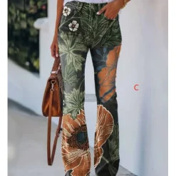 Women's Flared Pants Bell Bottom Pants Trousers Fashion Full Length Mid Waist Skull Flower / Floral Side Pockets Wide Leg Print Comfort Micro-elastic Halloween Weekend Navy-blue Rainbow Sky Blue And