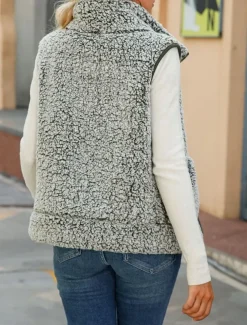 Women's Fleece Jacket Fleece Vest Teddy Coat Warm Breathable Zipper Pocket Fleece Lined Casual Plain Vacation Street Daily Wear Going out Zipper Regular Stand Collar Regular Fit Sleeveless Outerwear