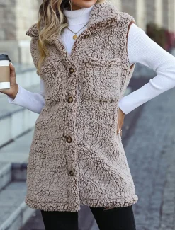 Women's Fleece Jacket Fleece Vest Teddy Coat Warm Breathable Pocket Fleece Lined Casual Plain Vacation Street Daily Wear Going out Single Breasted Regular Turndown Regular Fit Sleeveless Outerwear