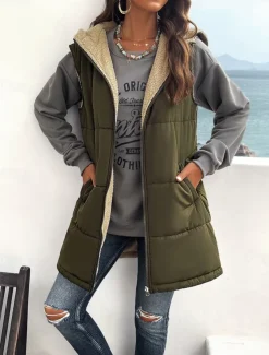 Women's Fleece Jacket Fleece Vest Teddy Coat Warm Breathable Zipper Pocket Fleece Lined Casual Plain Vacation Street Daily Wear Going out Zipper Regular Hoodie Regular Fit Sleeveless Outerwear Black