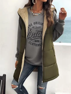 Women's Fleece Jacket Fleece Vest Teddy Coat Warm Breathable Zipper Pocket Fleece Lined Casual Plain Vacation Street Daily Wear Going out Zipper Regular Hoodie Regular Fit Sleeveless Outerwear Black