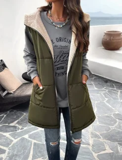 Women's Fleece Jacket Fleece Vest Teddy Coat Warm Breathable Zipper Pocket Fleece Lined Casual Plain Vacation Street Daily Wear Going out Zipper Regular Hoodie Regular Fit Sleeveless Outerwear Black