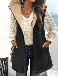 Women's Fleece Jacket Fleece Vest Teddy Coat Warm Breathable Zipper Pocket Fleece Lined Casual Plain Vacation Street Daily Wear Going out Zipper Regular Hoodie Regular Fit Sleeveless Outerwear Black
