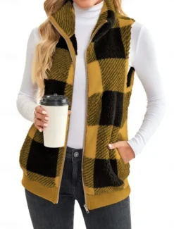 Women's Fleece Jacket Fleece Vest Teddy Coat Warm Breathable Zipper Pocket Fleece Lined Casual Plaid Vacation Street Daily Wear Going out Zipper Regular Stand Collar Regular Fit Sleeveless Outerwear