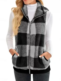 Women's Fleece Jacket Fleece Vest Teddy Coat Warm Breathable Zipper Pocket Fleece Lined Casual Plaid Vacation Street Daily Wear Going out Zipper Regular Stand Collar Regular Fit Sleeveless Outerwear