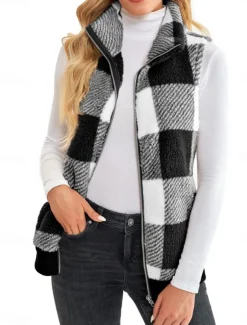Women's Fleece Jacket Fleece Vest Teddy Coat Warm Breathable Zipper Pocket Fleece Lined Casual Plaid Vacation Street Daily Wear Going out Zipper Regular Stand Collar Regular Fit Sleeveless Outerwear